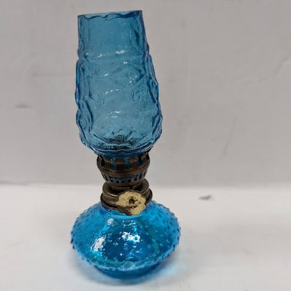 Vintage GLASS miniature oil hurricane lamp textured 1960s Flash painted BLUE 4"