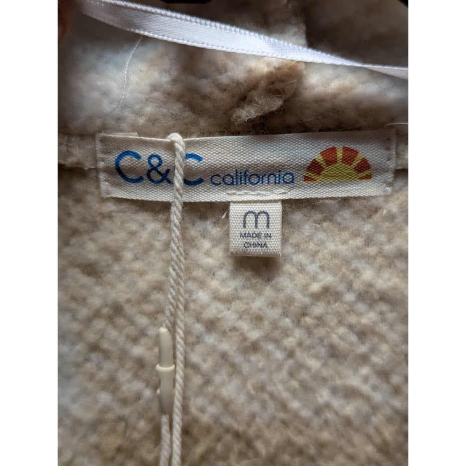 C&C California Cardigan Plaid Sherpa Jacket Medium Brown Cream Open Front NEW