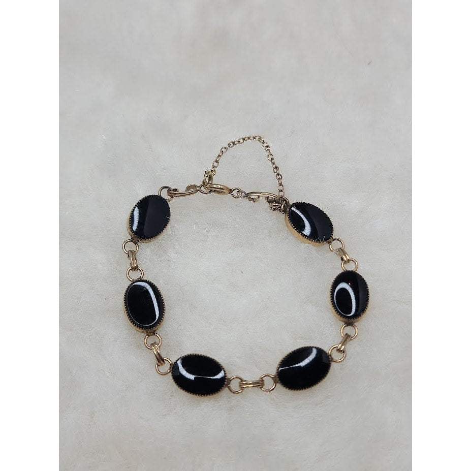 Vintage 12K Gold Filled Black Onyx Oval Link Bracelet Antique Co MidCentury Glam