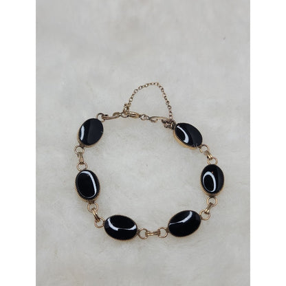 Vintage 12K Gold Filled Black Onyx Oval Link Bracelet Antique Co MidCentury Glam