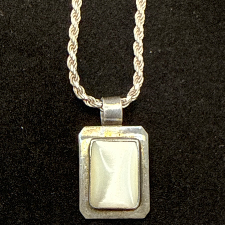 Mexican Sterling Silver Mother of Pearl Rectangular Pendant Necklace Rope Chain