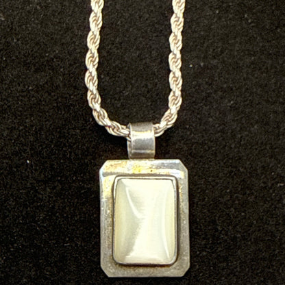 Mexican Sterling Silver Mother of Pearl Rectangular Pendant Necklace Rope Chain