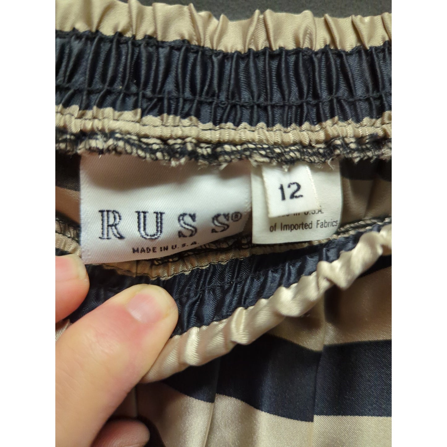 Russ Vintage Pleated Midi Skirt Size 12 Black & Tan Striped Satin Made in USA