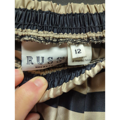 Russ Vintage Pleated Midi Skirt Size 12 Black & Tan Striped Satin Made in USA