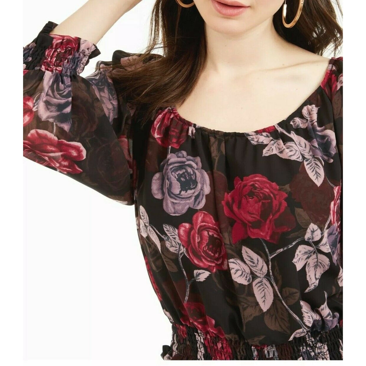 GUESS small Black Floral 3/4 Sleeve Scoop Neck Gathered waist sleeve Blouse top