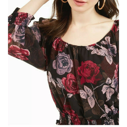 GUESS small Black Floral 3/4 Sleeve Scoop Neck Gathered waist sleeve Blouse top
