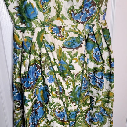Vintage  Sindorff 1950s Wiggle dress cotton Blue yellow floral pleated Small Cap