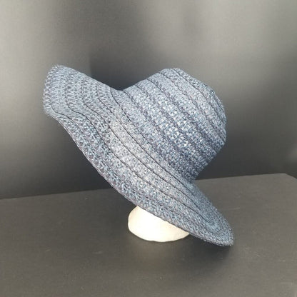 Vintage Cellulose Summer Beach Straw Brim Floppy Hat Blue