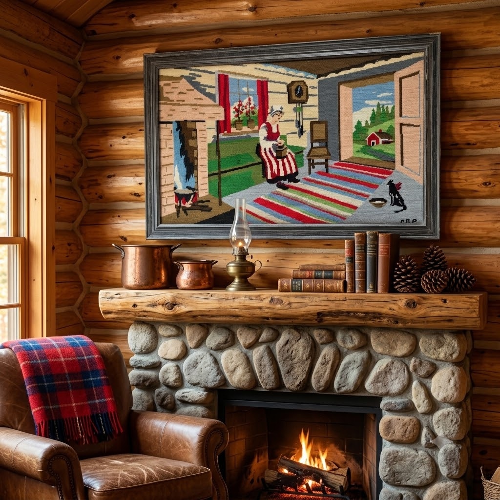 Vintage LARGE NEEDLEPOINT Colonial woman fireplace Cat primitive Textile Art 34"