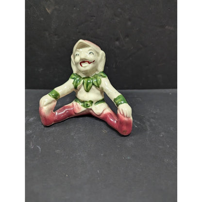 Vintage Elf Pixie Gnome Figurine Seated Smiling Green & Maroon Happy Imp Retro