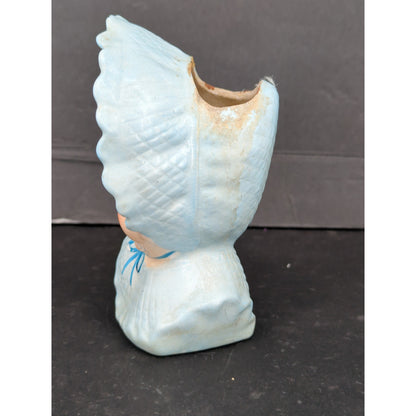 Vintage Ceramic Baby Head Vase Blue Bonnet Planter Figurine Mid Century