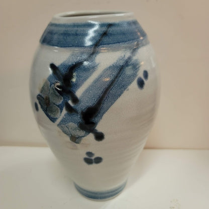 Cobalt Blue White Handmade art pottery vase signed flowers Approximately 9" x 5"