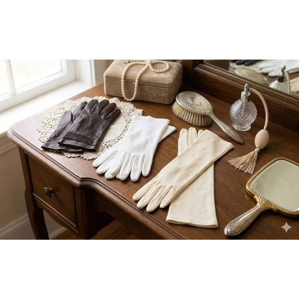 3 pairs of ladies gloves Brown Leather, White Cloth, Cream Mid Length Size Small