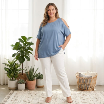42pops Cut Out Sleeve Shoulder Tunic Top Short Sleeve Blue Large Casual work