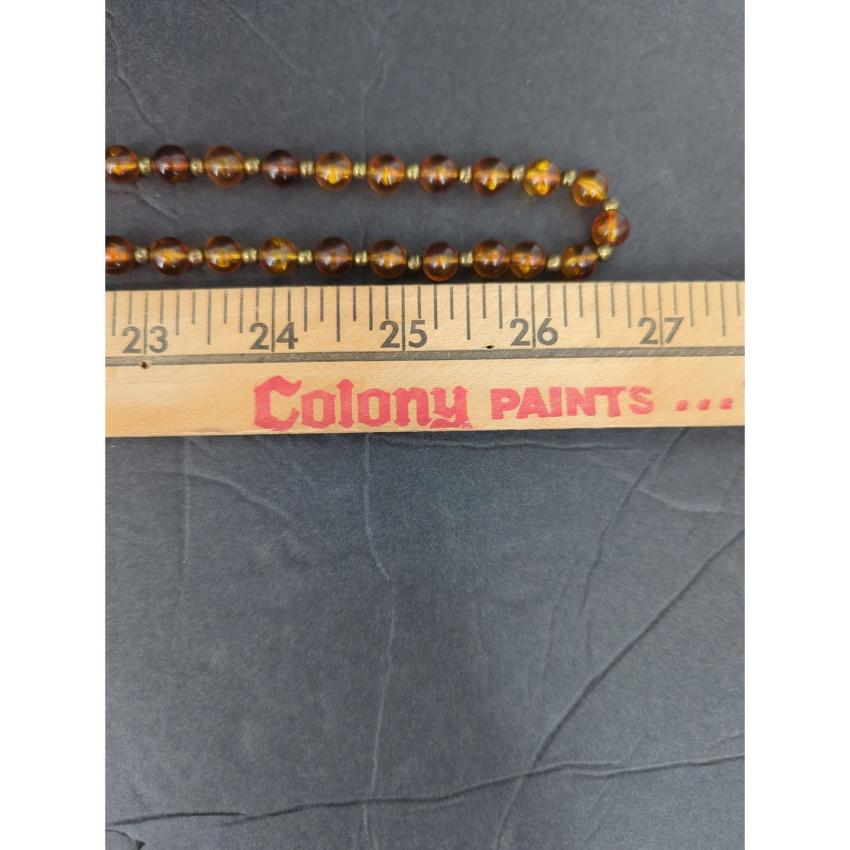 Vintage Amber Glass Bead Gold Tone Box Clasp Strand Necklace Mid-Century