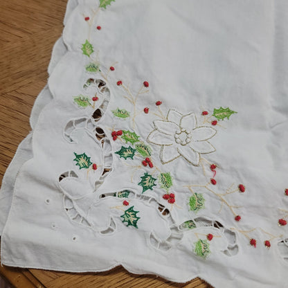 Christmas Table linen tableclotth 32" Runner 48" Holly Candles Holiday Vintage