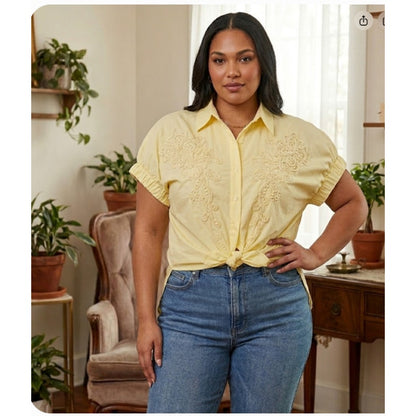 Natalie Grace Yellow Front Tie Soutache Embroidered Button Up Blouse Large