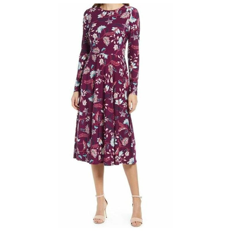 Eliza J Floral Aubergine Long Sleeve Midi Dress Size 4 in Maroon Multicolor NWT
