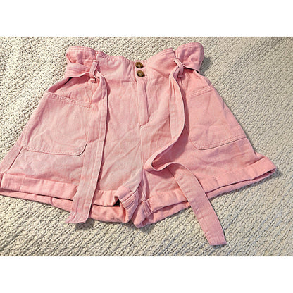 NWT Elodie High Waist Paperbag Shorts with Tie Belt 100% Cotton in Pink Sz Large