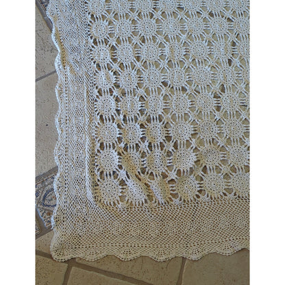 Vintage Handmade Cream Crochet Lace Tablecloth / Twin Bedspread - 51" x 96"