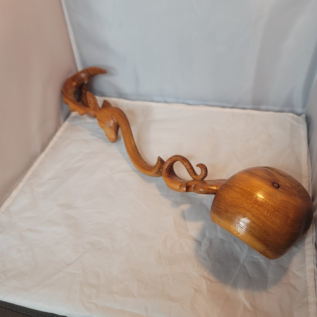 Hand carved double dipper ladle wood antelope ram head Kazakhstan Ожау