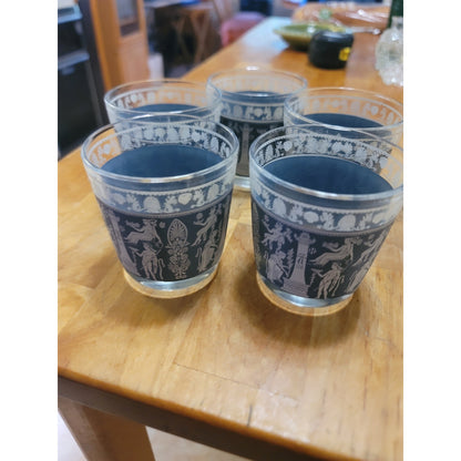 Vintage Jeannette Glass Hellenic Blue Jasperware Lowball Glasses - Set of 5