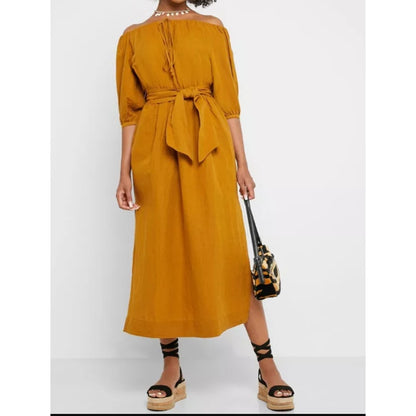 TOPSHOP Linen Belted Bardot Strapless Off Shoulder Dress Tan Brown Size 12