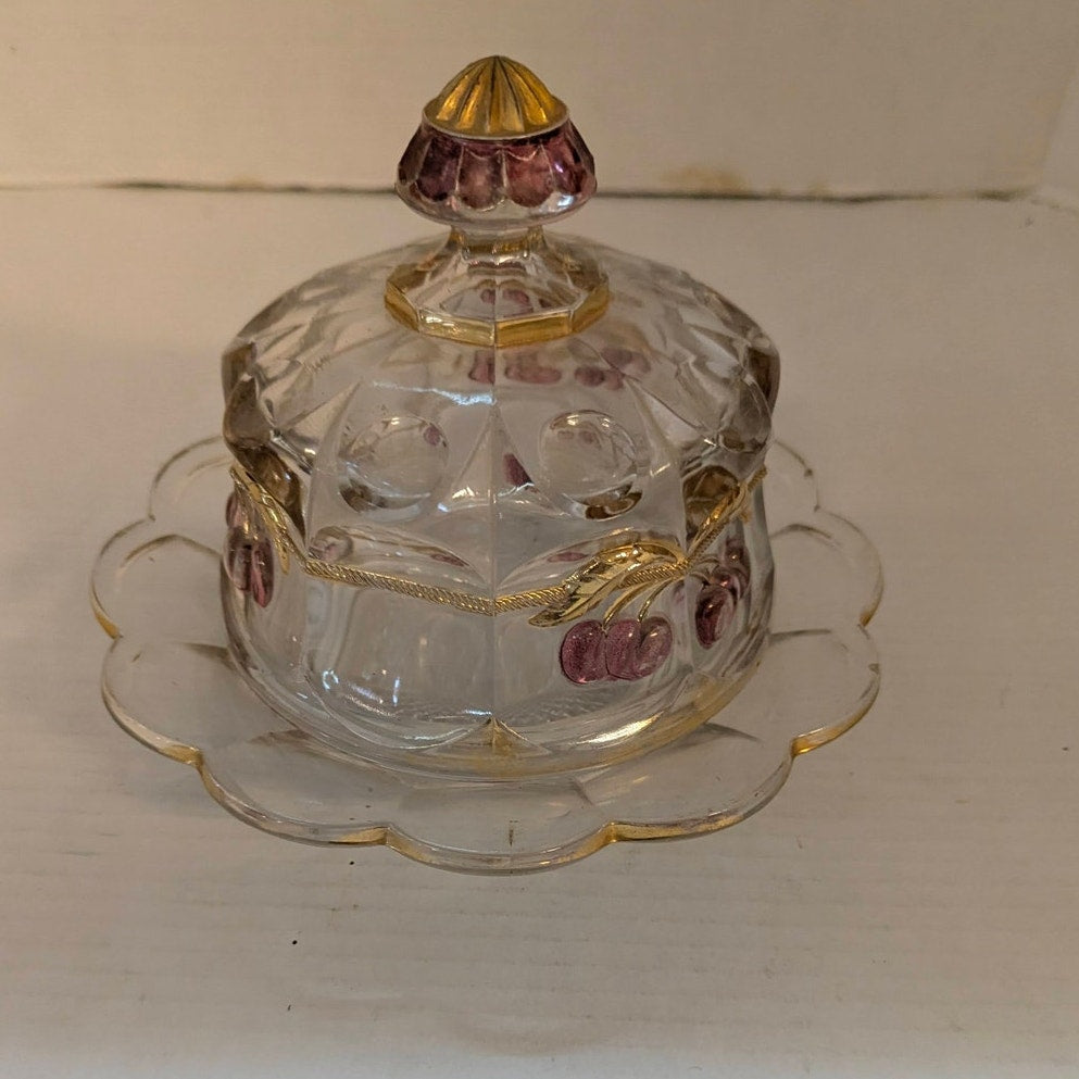 Vintage Mosser Glass Cherry & Cable Butter Dish Clear Pressed Gold Trim 5.5"