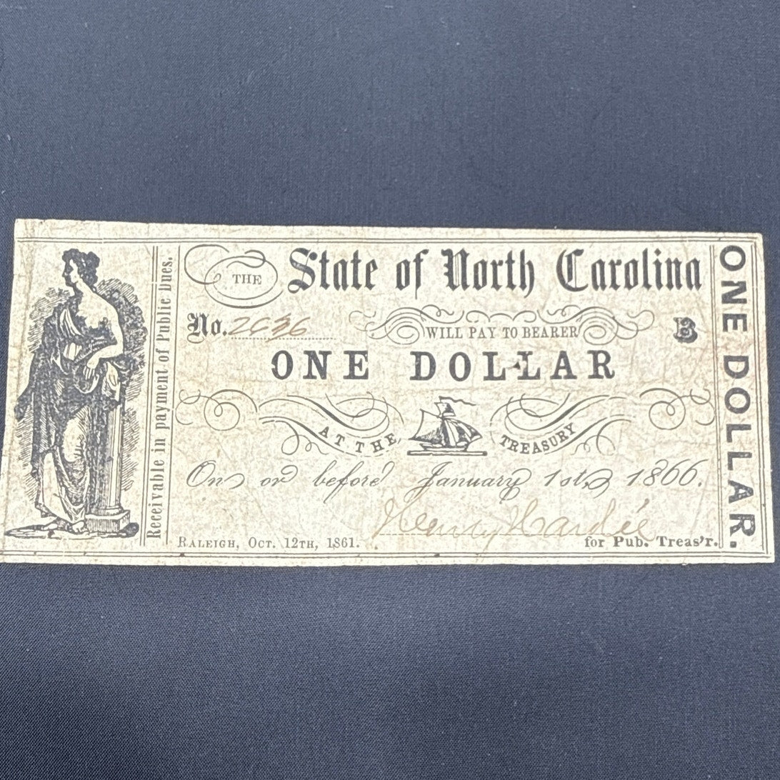 Currency Bank Note USA Paper Money State of North Carolina $1 Series 1861