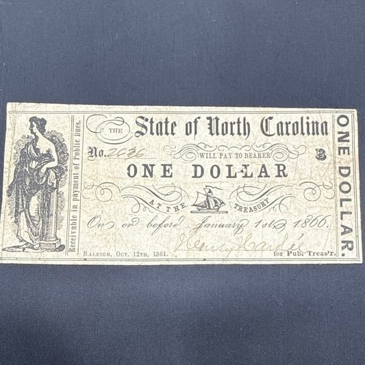Currency Bank Note USA Paper Money State of North Carolina $1 Series 1861