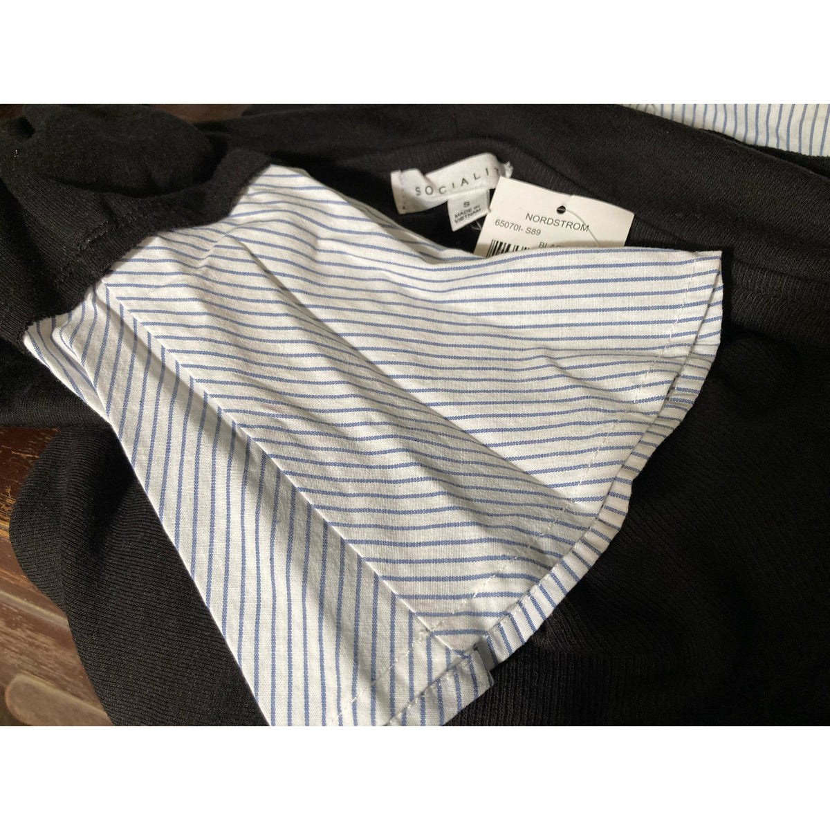 Socialite Cowl Neck Twofer Top Small Black with Blue & White Pinstripe NEW