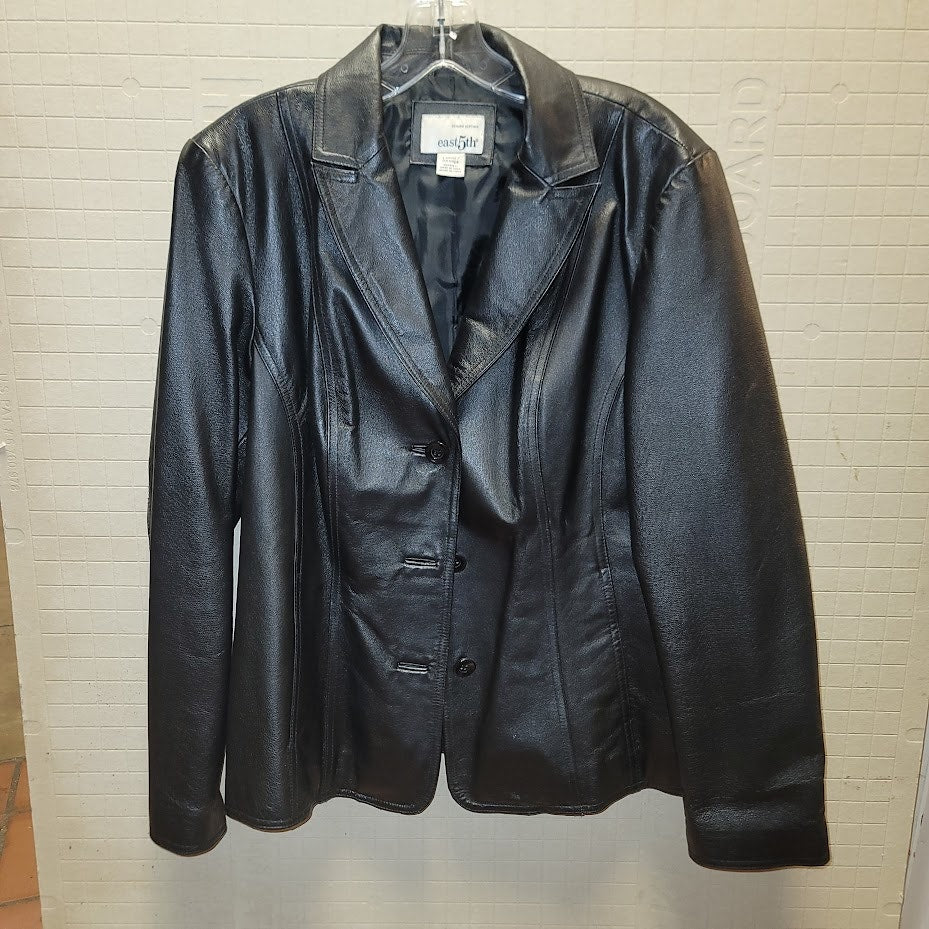 EAST 5TH Vintage Black Leather Jacket Coat Size Large Lined Pockets 3 Button