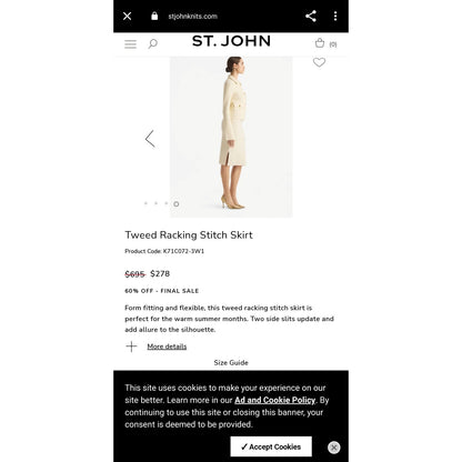 St John NEW Skirt Tweed Racking Stitch Cream Small Double Slit Career Separate
