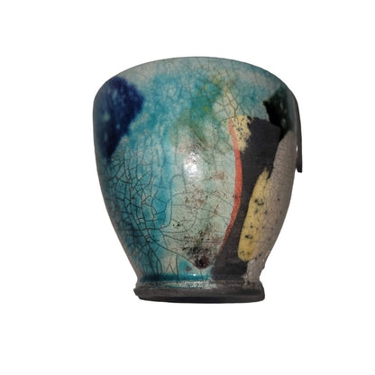 Handmade mini vase MCM cup 4" crazed underglaze Raku Studio Art Pottery Bowl