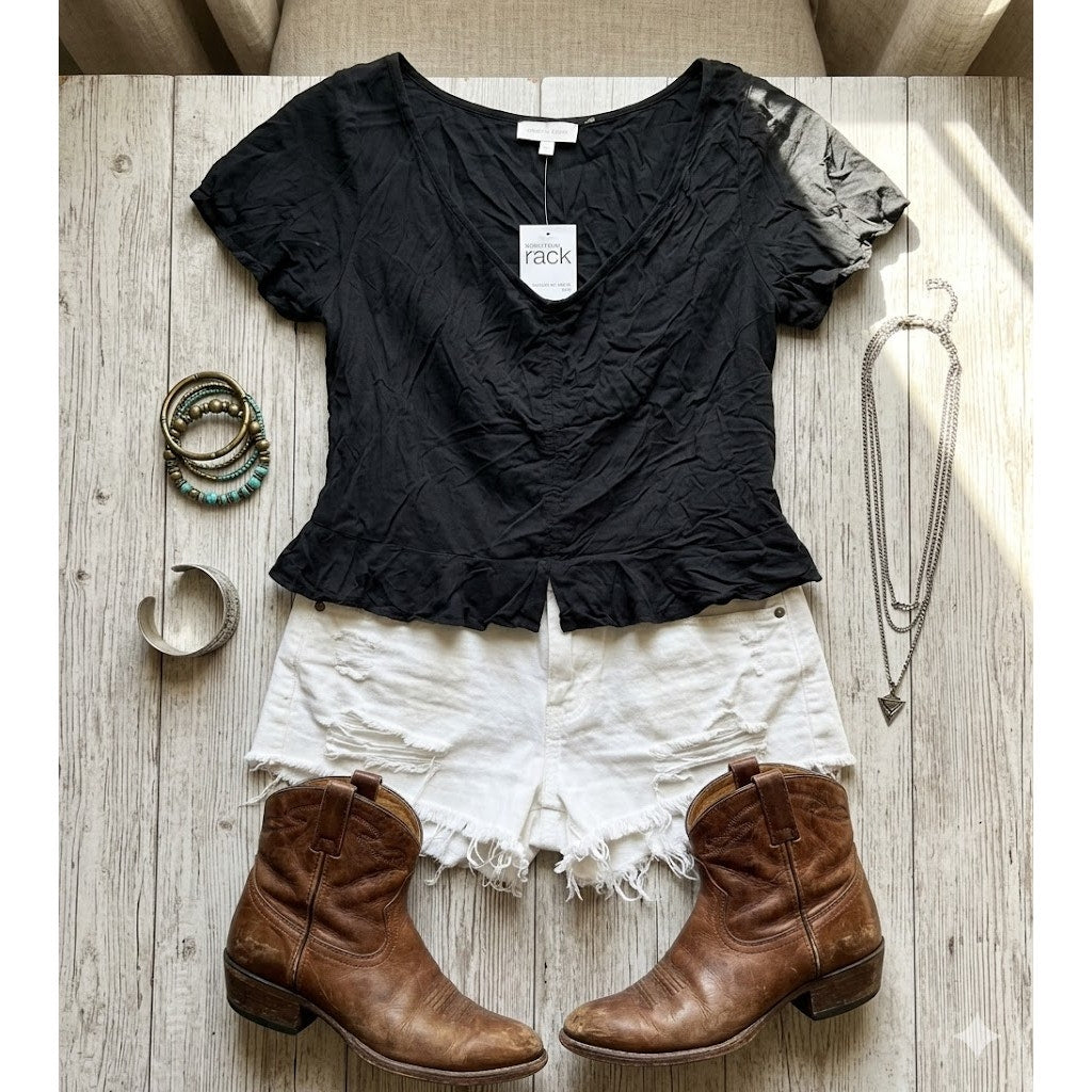 NWT We My People Black drawstring middle crop Ruffle Top Boho Medium