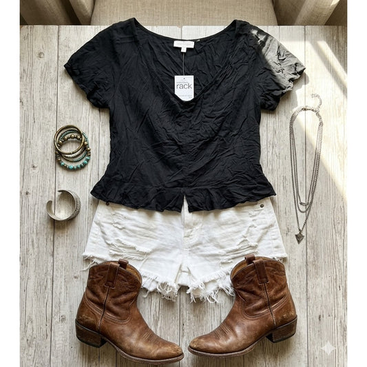 NWT We My People Black drawstring middle crop Ruffle Top Boho Medium