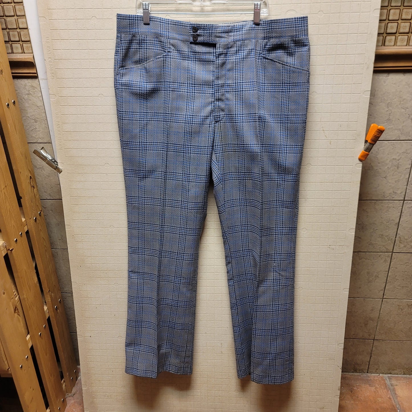 Phoenix 2pc polyester vintage suit Blazer Pants 1970s Plaid blue gray Rockabilly