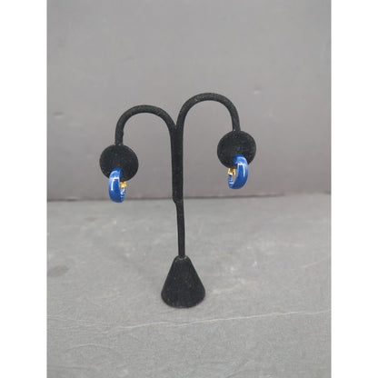 Vintage Blue Enamel Hoop Dangle Earrings Gold Tone Clip On Huggie Drop