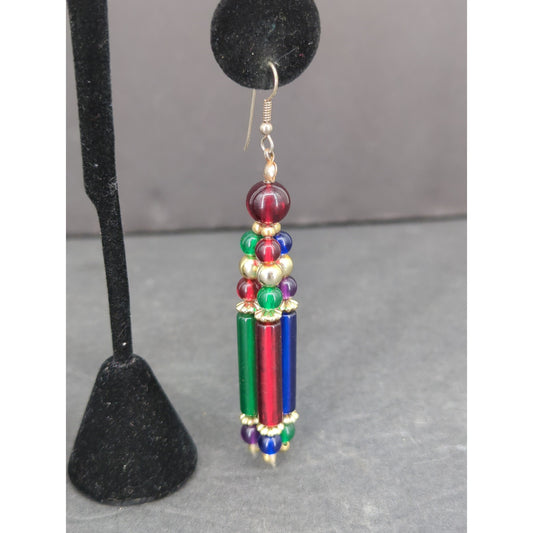Vintage Beaded Fringe Dangle Earrings Southwestern Boho Pierced Statement