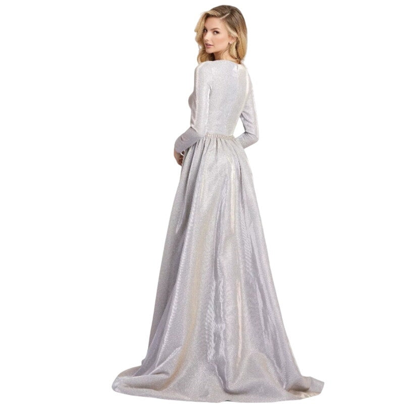 Ieena Mac Duggal 26125 Silver Metallic Long Sleeve Gown Size 2 Renaissance Style