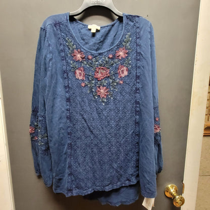 Style & Co Blue Embroidery Boho Blouse Size 1X