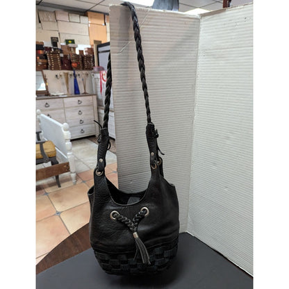 Longaberger To Go Woven Basket Braided Black Leather satchel Shoulder Bag Purse