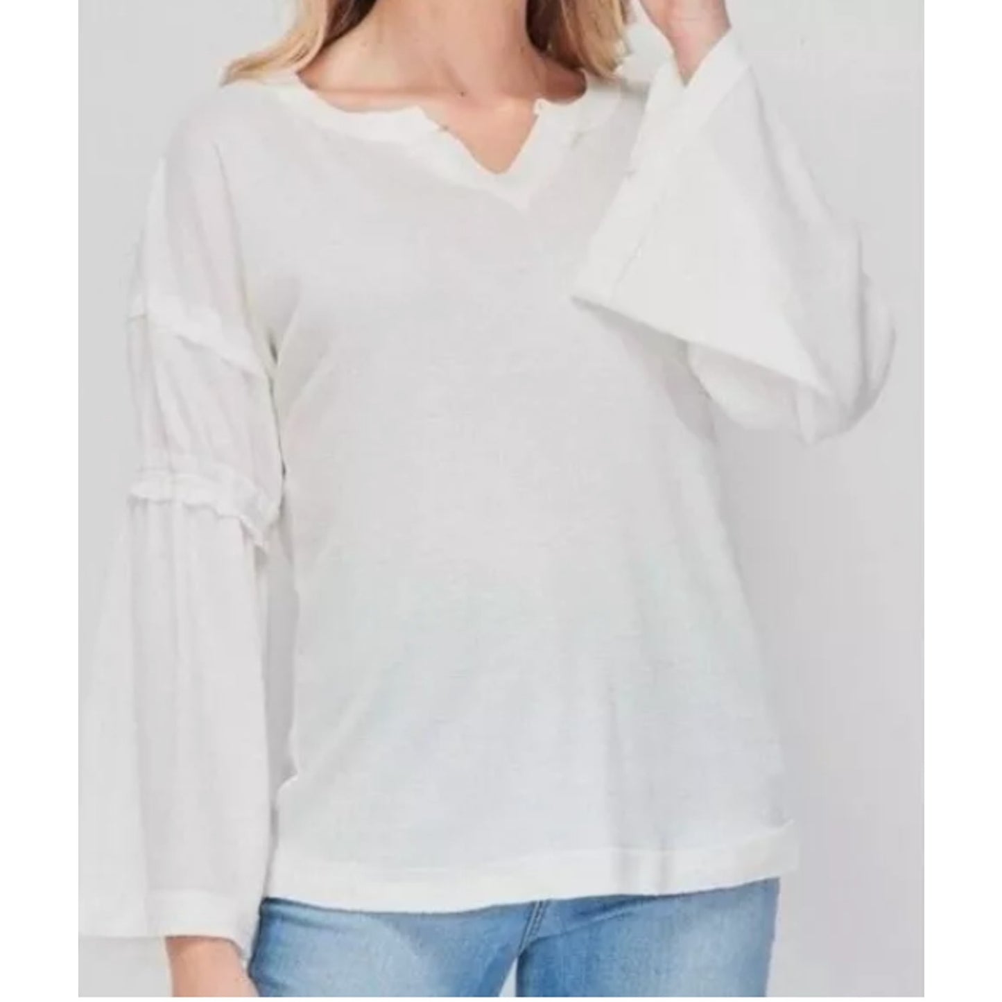 Baea White Flare Sleeve Size LARGE NEW V Neck Waffle Knit Thermal Top Shirt