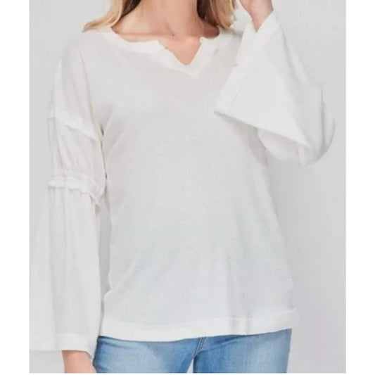 Baea White Flare Sleeve Size LARGE NEW V Neck Waffle Knit Thermal Top Shirt