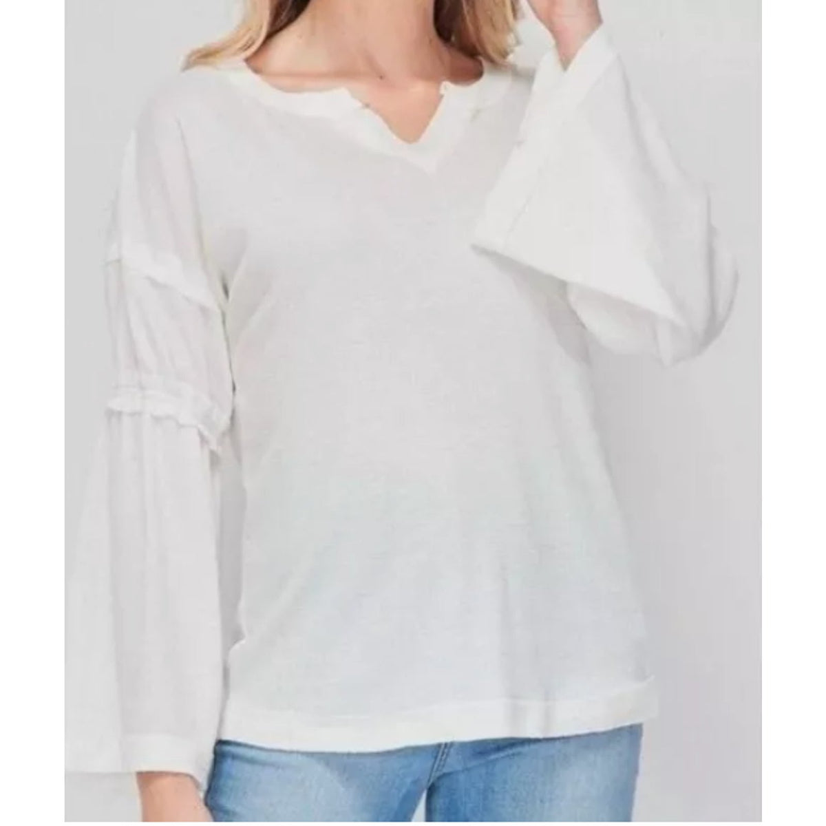 Baea White Flare Sleeve Size LARGE NEW V Neck Waffle Knit Thermal Top Shirt