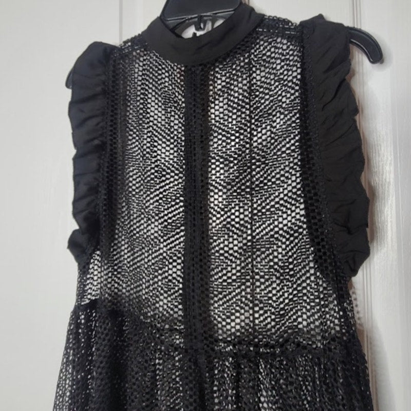 Good Time USA Black See-Thru Mesh Tiered Maxi Dress Womens Large Ruffle Sleeve