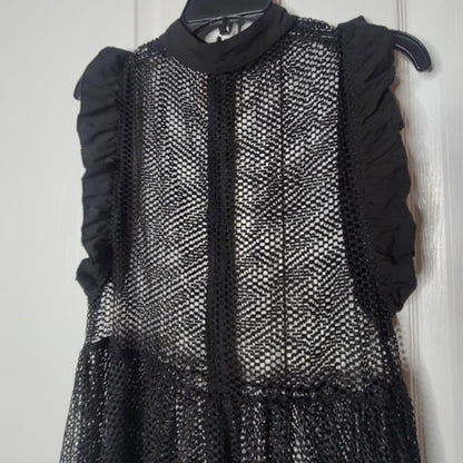 Good Time USA Black See-Thru Mesh Tiered Maxi Dress Womens Large Ruffle Sleeve