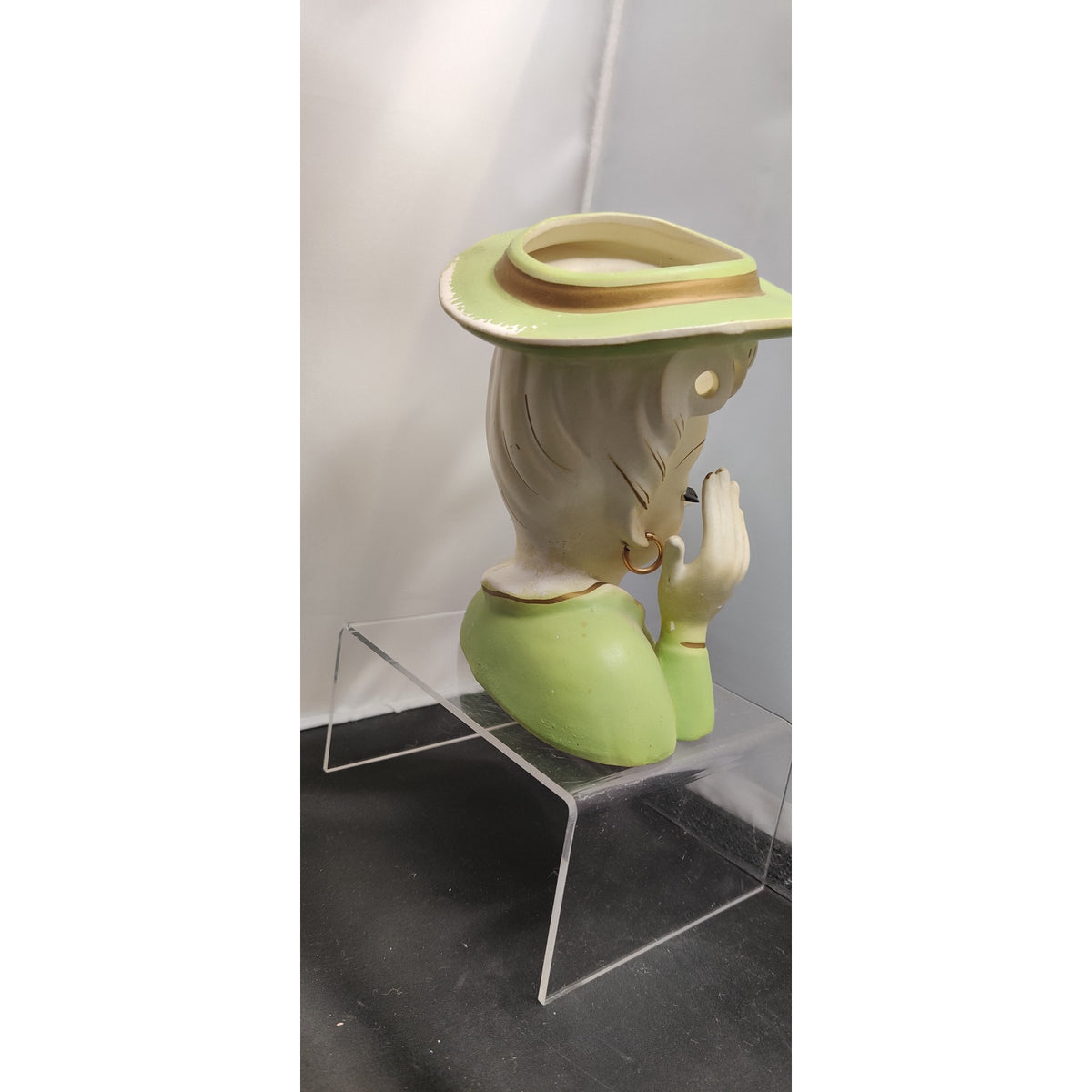 Vintage Green Hat Hand to Head Headache Lady Head Vase Planter Kitsch MidCentury