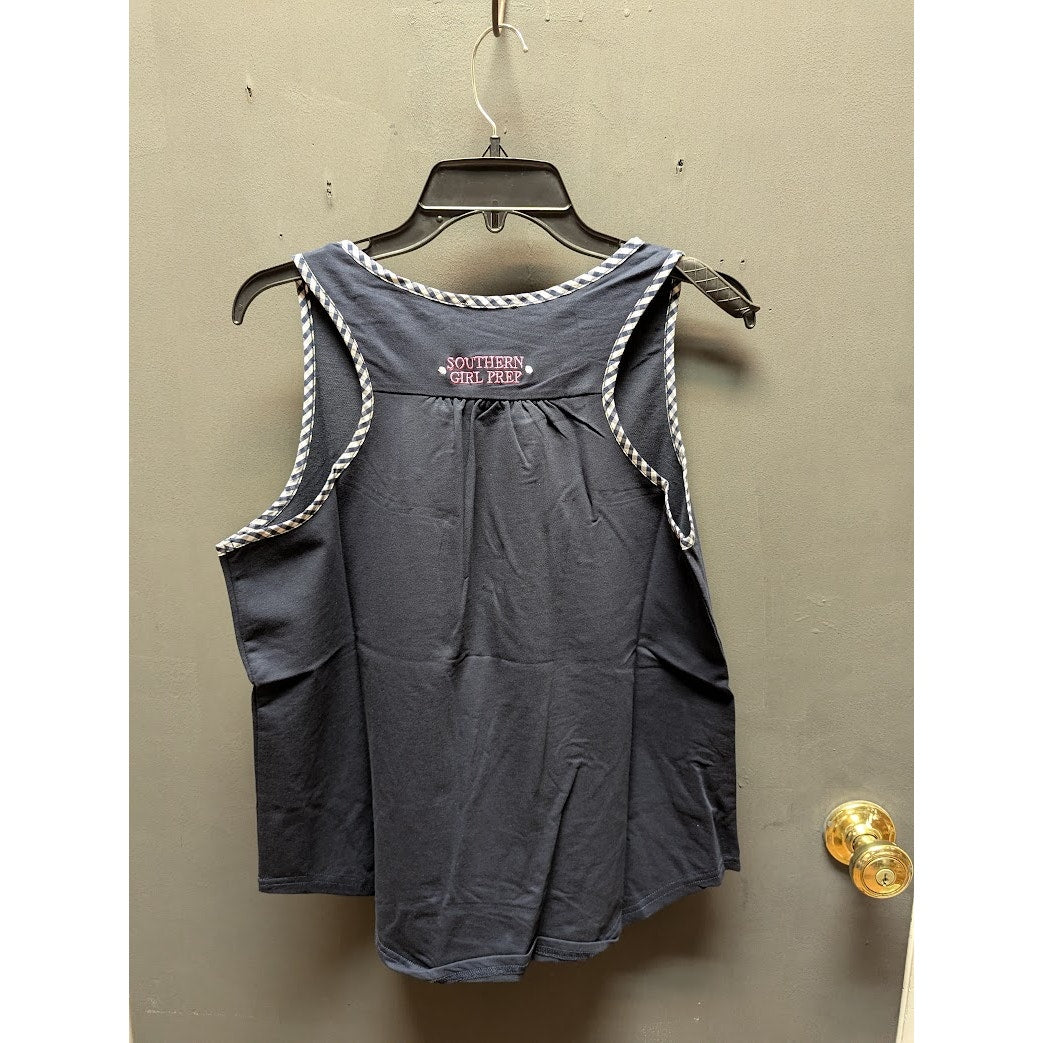 Southern Girl Prep NEW Sleeveless tank Shirt Cotton XL CASUAL dark blue plaid