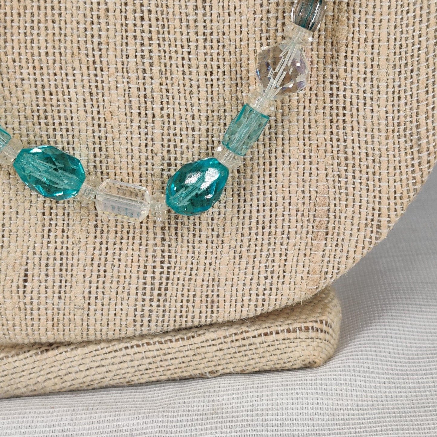 Vintage Iridescent Crystal & Teal Glass Beaded Necklace Boho